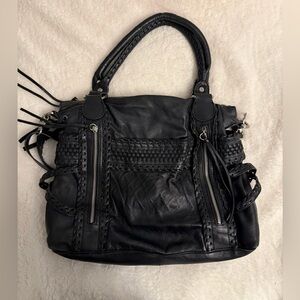 Vince Camuto Black Leather Braided Woven Satchel Tote Bag
